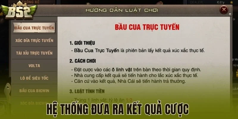 Hệ thống đưa ra kết quả cược 