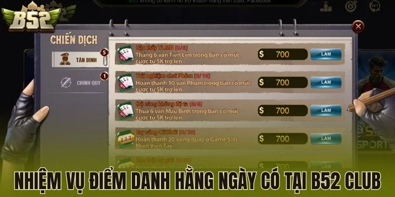 Nhiệm vụ điểm danh hằng ngày có tại B52 Club