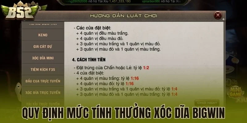 Quy định mức tính thưởng Xóc dĩa bigwin