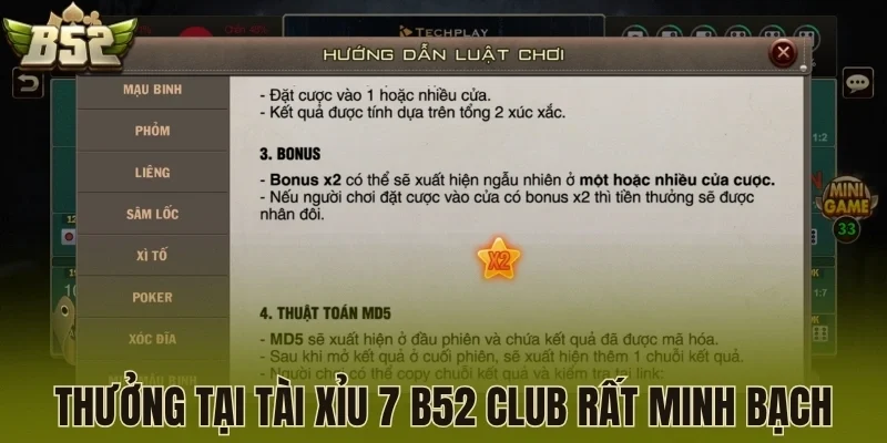 Thưởng tại Tài xỉu 7 B52 Club rất minh bạch
