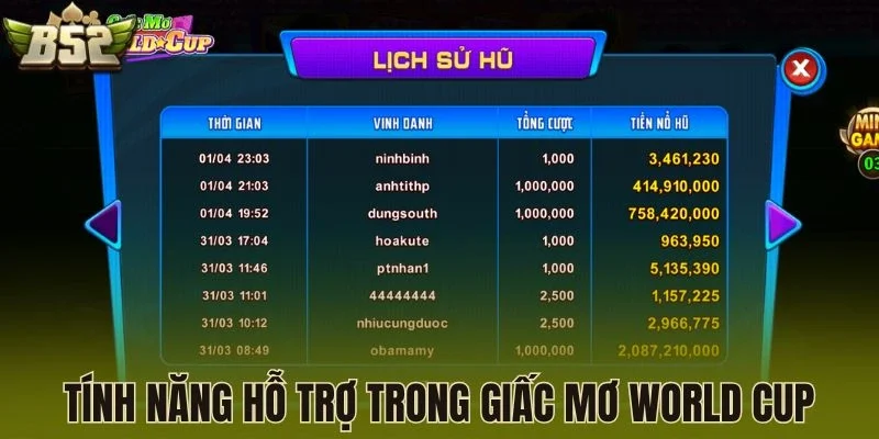 Tính năng hỗ trợ trong Giấc Mơ World Cup B52 Club