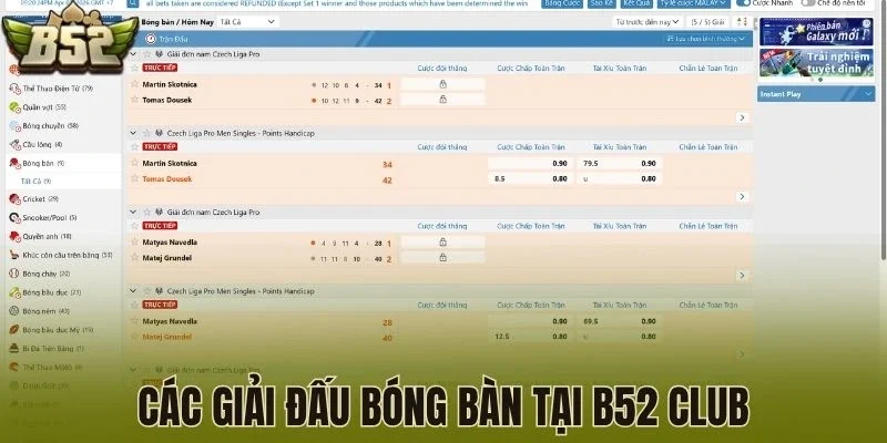 Các giải đấu bóng bàn tại B52 Club